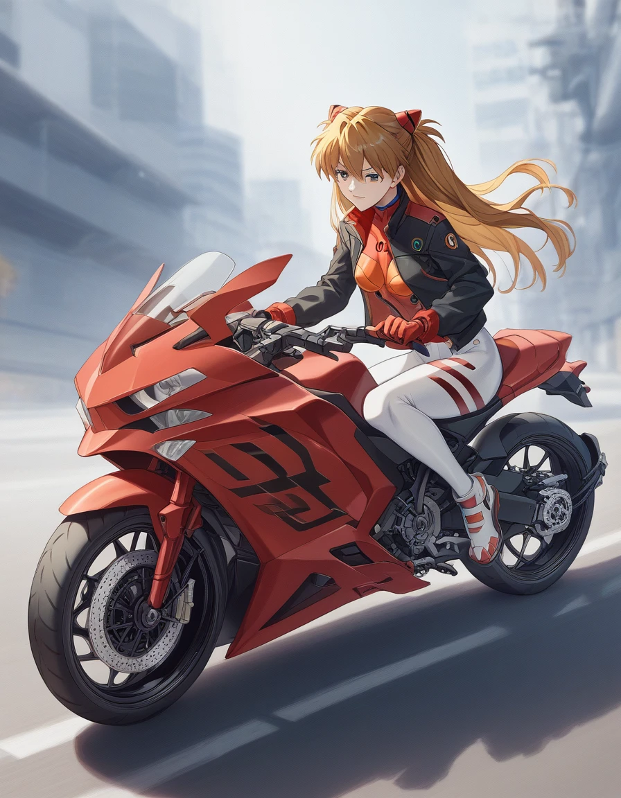 Shikinami Asuka Langley, masterpiece、highest quality、detailed description、Plug Suit、Translucent costume, Jacket, Woman riding a bigmotorbike（rider、Gold and red two-tone hairstyle、Detailed Description、Perfect Face、Armed、）、red motorbike（red、bike、two-wheeled vehicle、big、Mechanic Design）