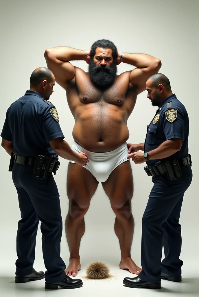 Big Puerto Rican Man, stark, hairy and bearded, in white underwear, with the legs well apart from each other, with hands raised behind head, having his underwear searched by two police officers who take a hairball out of his underwear.