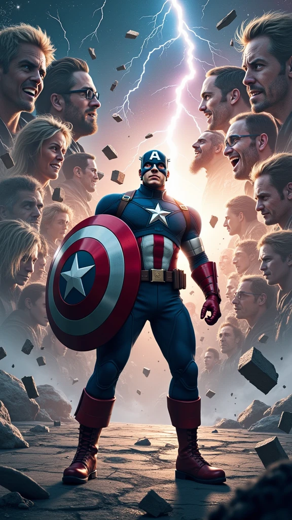 Clareza e Especificidade no Prompt: Captain America stands at the center of the image, with his shield raised defensively as the world around him begins to distort and fracture. The scene focuses on the chaos of time collapsing in on itself, with multiple versions of events and characters from different timelines converging.
Detalhes Visuais: Captain America is depicted in his full suit, standing firm with his shield glowing faintly from the energy of the Reality Stone embedded within it. His expression is one of shock and determination as he watches time begin to unravel. Around him, the environment should show fractured pieces of reality—shards of glass-like time fragments that reflect different moments of his life. These fragments should include distorted images of his battles, allies, and key moments, all blending and overlapping in a chaotic yet controlled manner.
Contexto e Composição: The composition centers on Captain America, but the background is filled with swirling, fragmented images and temporal distortions. The perspective should be slightly above, looking down at Captain America, emphasizing the disorienting effect of the paradox forming around him. Various temporal versions of himself might appear, each slightly out of sync, adding to the visual complexity.
Atenção ao Ambiente: The environment around Captain America should be a chaotic mix of timelines colliding. The ground beneath him cracks and splinters, with fragments of past and future scenes merging together. The sky is split into different colors and times of day—daylight on one side, night on the other, with a twilight zone in between where stars and the sun coexist. Lightning and temporal energy arcs through the sky, connecting the fragments of time like electrical currents.
Referências Emocionais: The atmosphere is tense and chaotic, filled with a sense of impending disaster. Captain America's posture is defensive, as if he’s bracing against a force beyond his control. His eyes reflect