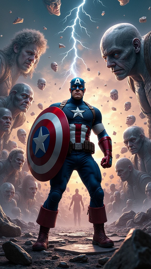 Clareza e Especificidade no Prompt: Captain America stands at the center of the image, with his shield raised defensively as the world around him begins to distort and fracture. The scene focuses on the chaos of time collapsing in on itself, with multiple versions of events and characters from different timelines converging.

Detalhes Visuais: Captain America is depicted in his full suit, standing firm with his shield glowing faintly from the energy of the Reality Stone embedded within it. His expression is one of shock and determination as he watches time begin to unravel. Around him, the environment should show fractured pieces of reality—shards of glass-like time fragments that reflect different moments of his life. These fragments should include distorted images of his battles, allies, and key moments, all blending and overlapping in a chaotic yet controlled manner.

Contexto e Composição: The composition centers on Captain America, but the background is filled with swirling, fragmented images and temporal distortions. The perspective should be slightly above, looking down at Captain America, emphasizing the disorienting effect of the paradox forming around him. Various temporal versions of himself might appear, each slightly out of sync, adding to the visual complexity.

Atenção ao Ambiente: The environment around Captain America should be a chaotic mix of timelines colliding. The ground beneath him cracks and splinters, with fragments of past and future scenes merging together. The sky is split into different colors and times of day—daylight on one side, night on the other, with a twilight zone in between where stars and the sun coexist. Lightning and temporal energy arcs through the sky, connecting the fragments of time like electrical currents.

Referências Emocionais: The atmosphere is tense and chaotic, filled with a sense of impending disaster. Captain America's posture is defensive, as if he’s bracing against a force beyond his control. His eyes reflect 