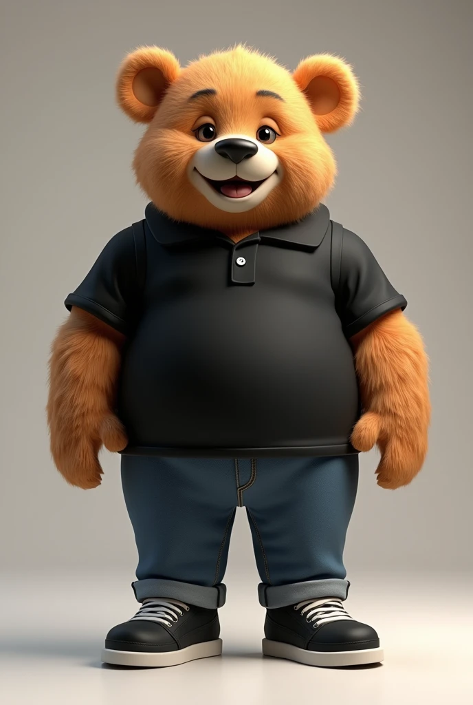 3D illustration of a tall, chubby 5 teddy bear dressed in a black shirt and jeans, black sneakers with white details, nerdy, middle-aged, with a wise face and a beautiful smile, in 4K. The illustration should have an adult, sophisticated style.