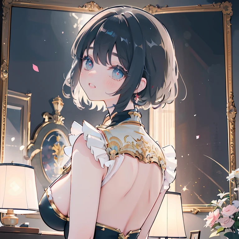 Anime Waifu beautiful detailed eyes, beautiful detailed lips, extremely detailed eyes and face, longeyelashes, 1girl, sensual, young woman, medium breasts, beautiful feminine face, nice thighs, slim, sexy, erotic, beautiful clothes, perfect body, cinematic lighting and framing, (best quality,4k,8k,highres,masterpiece:1.2),ultra-detailed,digital painting,portrait,glamorous,highly detailed,soft lighting,warm color tones Ilustrações de alta qualidade。 Angle from behind、Black bob hair、hairpin、high school girl、color々Position、Grin、Smiling and drooling、Large Breasts、Soft Breasty chest is shaking、shake、shake、、Browsing Caution、
