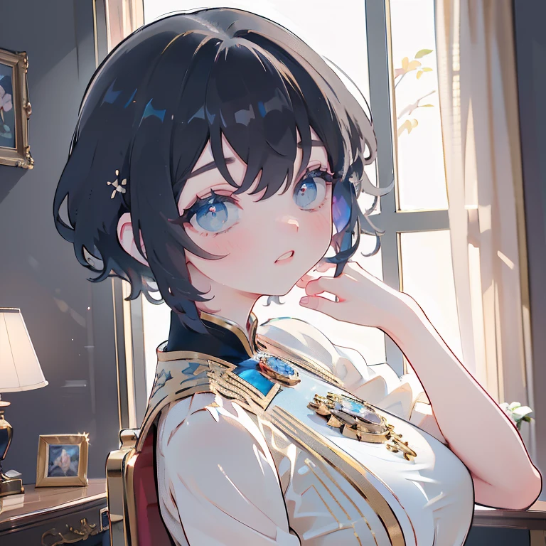 Anime Waifu beautiful detailed eyes, beautiful detailed lips, extremely detailed eyes and face, longeyelashes, 1girl, sensual, young woman, medium breasts, beautiful feminine face, nice thighs, slim, sexy, erotic, beautiful clothes, perfect body, cinematic lighting and framing, (best quality,4k,8k,highres,masterpiece:1.2),ultra-detailed,digital painting,portrait,glamorous,highly detailed,soft lighting,warm color tones Ilustrações de alta qualidade。 Angle from behind、Black bob hair、hairpin、high school girl、color々Position、Grin、Smiling and drooling、Large Breasts、Soft Breasty chest is shaking、shake、shake、、Browsing Caution、