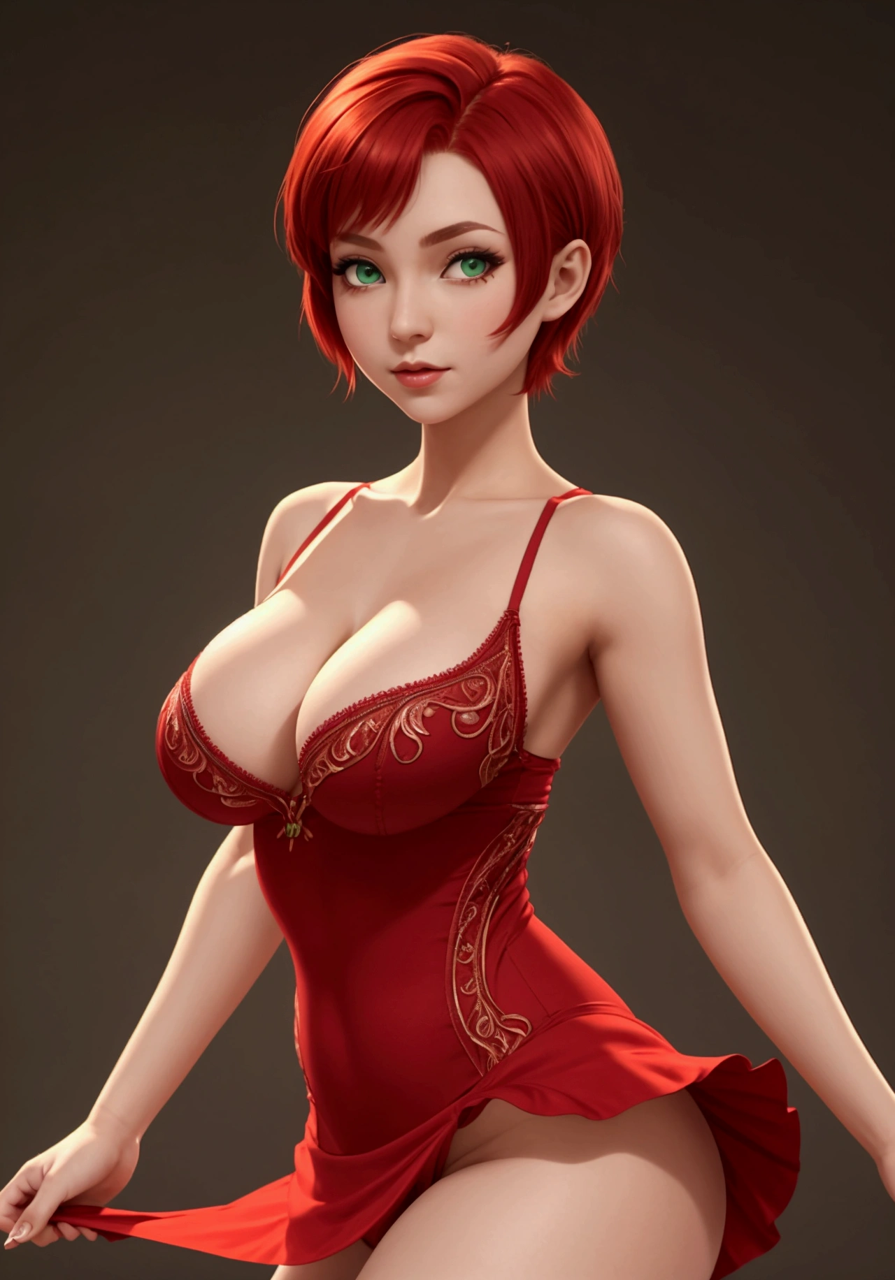 Felicie dancer character, green eyes, Big breasts and hips, short red hair and wears a tight ballet dress 