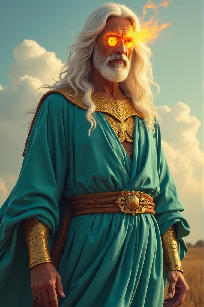 A man dressed in a turquoise linen tunic,
Girding his shoulders with gold ,
arms, hands and feet of bronze,
long white hair,
Add fire flames to the eyes,
with sky background ,
jesus,
Face with light , sunlit