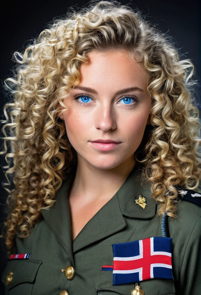 Woman with Norwegian features, curly hair and blue eyes, with big tits y armas como una militar con lenceria