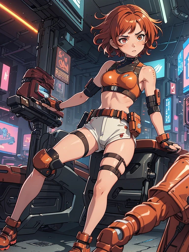 (masterpiece), (best quality), ((one girl)), red copper hair,(brown eyes),short hair, curly hair, anime style, freckles, (small breast), (petite figure),knee pads, legs, (desert background)), ((cyberpunk)),knee guard pads, (almond eyes) , tan skin, fighting gloves