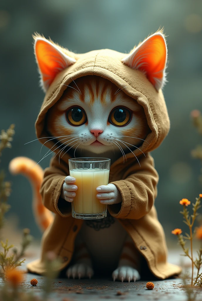 一只小猫 穿着破烂的衣服带着帽 拟人化 表情哭泣 手里拿着玻璃杯在喝淡的液体 Concept Artistry, reflects an imaginative and surreal environment., Energetic, photo, Concept Art, 3D Rendering3Dtears, crying with eyes open, streaming tears