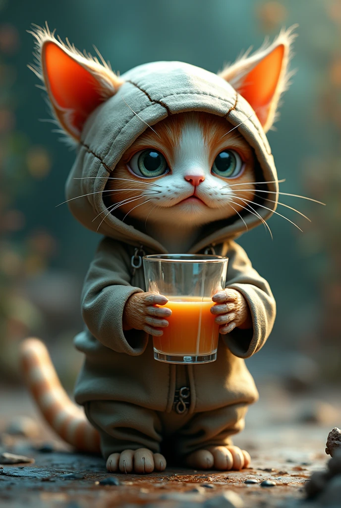 一只小猫 穿着破烂的衣服带着帽 拟人化 表情哭泣 手里拿着玻璃杯在喝淡的液体 Concept Artistry, reflects an imaginative and surreal environment., Energetic, photo, Concept Art, 3D Rendering3Dtears, crying with eyes open, streaming tears