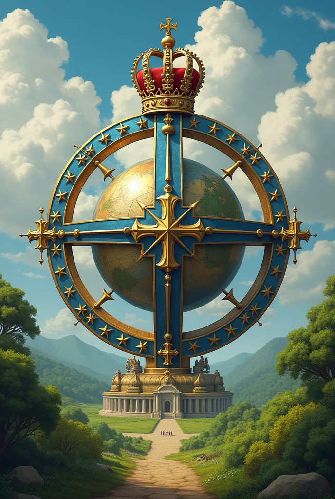 green field, with the golden armillary sphere pierced by the Cross of the Order of Christ in the center and, enclosed in a blue stripe edged with silver, the stars that symbolize subnational administrative divisions; Above the coat of arms, the Imperial Crown in red lining and, as supports, the coffee and tobacco branches, connected in their lower part by the Bond of the Nation.