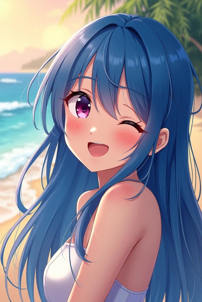 Blue Haired Anime Girl Smiles With One Eye Closed On Beach Background