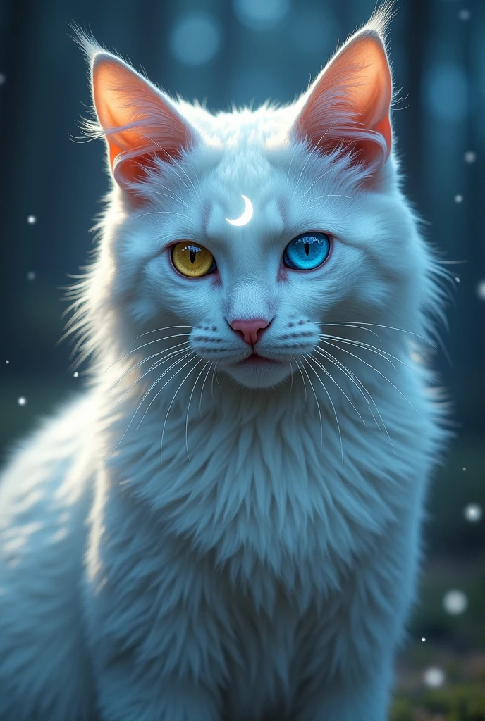 A white cat with a yellow right eye and a blue left eye with a moon on its yellow forehead Guardian 