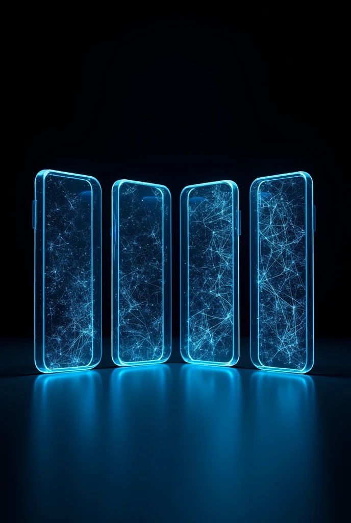 4 futuristic glass cell phones with blue lines on a black background