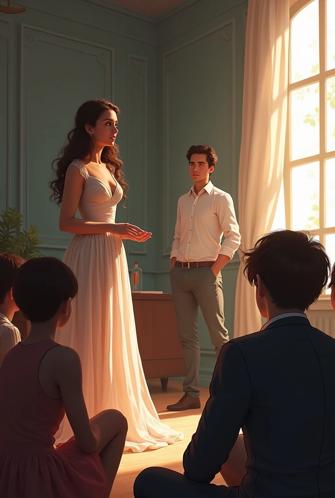 There were some young students sitting on the floor of a room, standing, facing them, they heard a brunette woman, already mature, with long curly hair, speak with authority and delicacy, this woman who stared at the young people while she spoke, wore a long dress, Near one of the windows, on the right side of the woman there was a man, leaning against one of the windows, a young woman who was sitting on the floor, had his back to the woman.