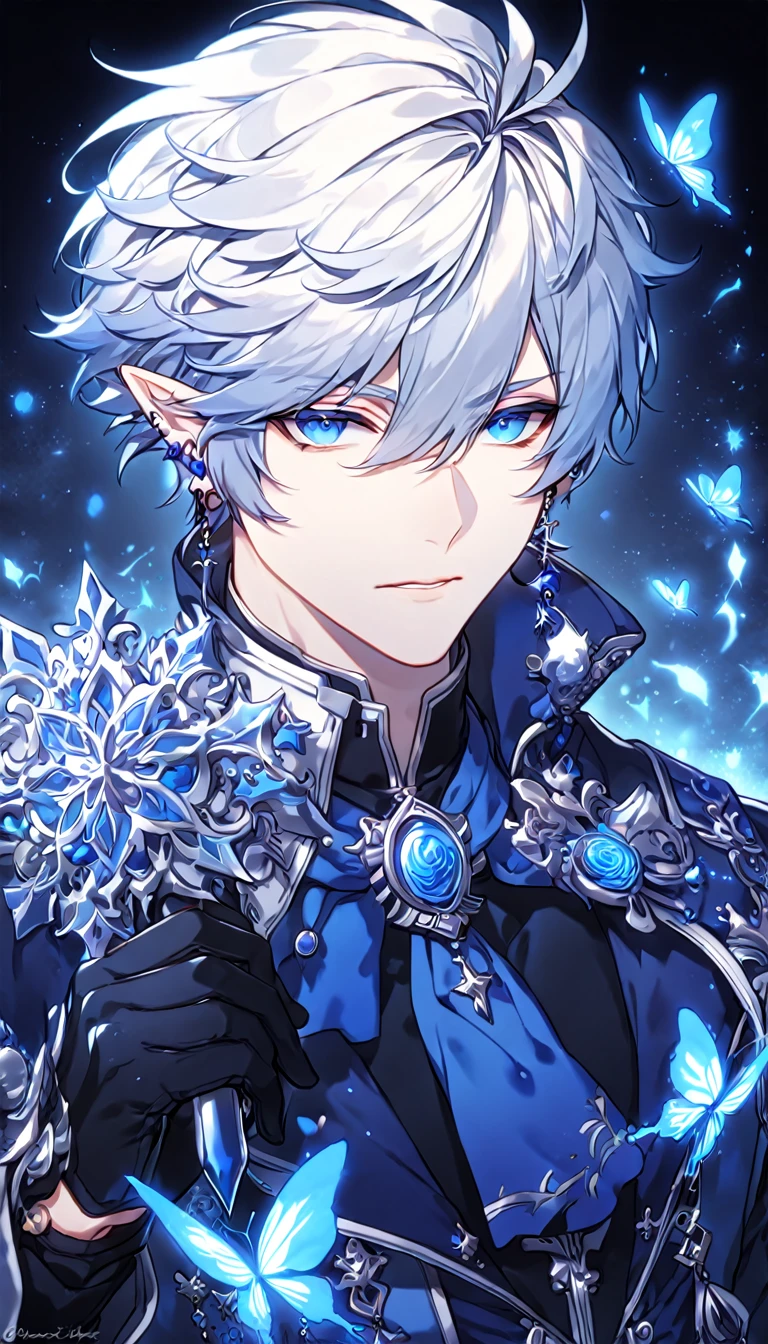 absurdres, highres, ultra detailed, HDR, master piece, best quality, extremely detailed, detailed face, Ciel, white hair, expressive blue eyes, slightly pointed ears, Elsword, cross earrings, solo,  man, handsome, manly man, dark blue coat with high collar, blue vest, black shirt, black gloves, blue cravat, magical, fantasy, under a blue tree, holding a white cross gun,ue lightning, blue flames, blue moon, blue fireflies, blue roses, blue butterflies, glass magic
