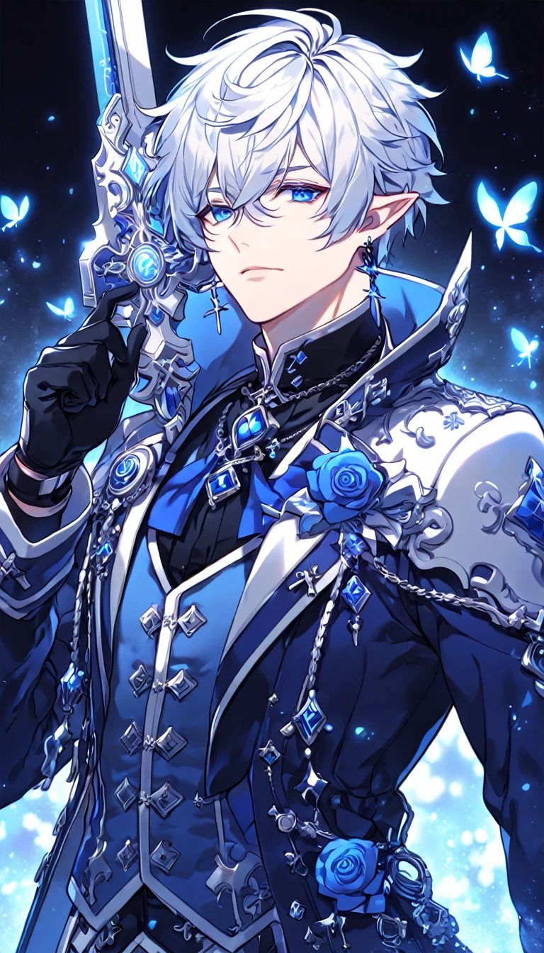 absurdres, highres, ultra detailed, HDR, master piece, best quality, extremely detailed, detailed face, Ciel, white hair, expressive blue eyes, slightly pointed ears, Elsword, cross earrings, solo, sexy man, handsome, manly man, dark blue coat with high collar, blue vest, black shirt, black gloves, blue cravat, magical, fantasy, under a blue tree, holding a white cross gun, blue lightning, blue flames, blue moon, blue fireflies, blue roses, blue butterflies, glass magic
