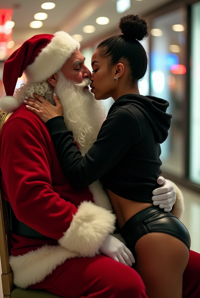 black woman hair in a bun black hoodie black leather short shorts butt cheeks showing excited and eyes wide open on her face setting in santa claus lap at the mall 8k santa has his hands around her waist and kissing her neck
