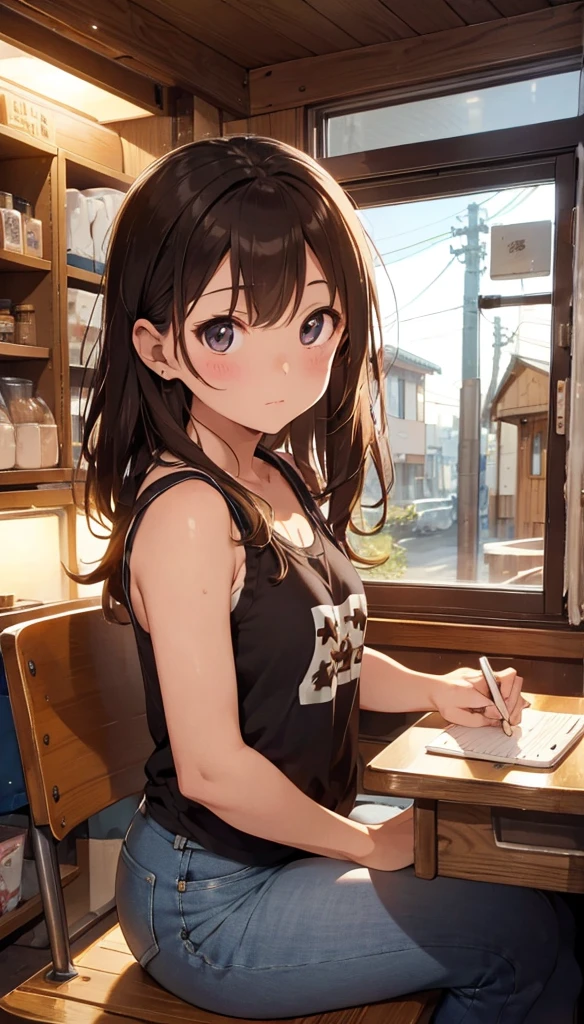 Old Coffee Shop Brown Hair、Sit in the shop and drink coffee、A beautiful girl in headphones studies with a notebook spread out on a table、Denim shorts、Tank top、Kind Face、Warm lighting Starry Sky Japanese anime style An angle where the entire desk can be seen