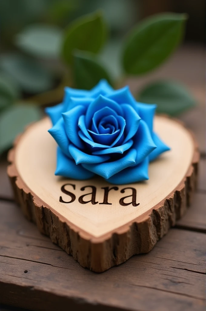 A photo of a wooden heart-shaped base with the name "SARA" engraved on it. At the center of the heart is a blue rose with vibrant petals. The rose appears to be coming to life, adding warmth and depth to the wooden heart. The overall effect is a heartfelt and charming token of love, perfect for a personal touch or a thoughtful gift.