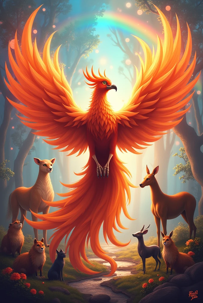 A phoenix in the center of the image with several other animals of different smaller species around it in a very colorful setting with rainbows and lights.
