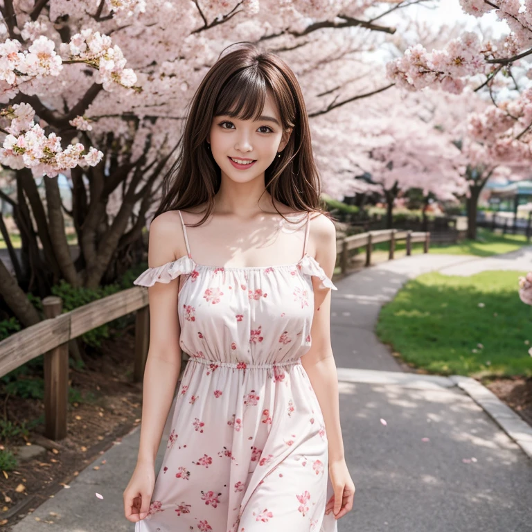 laughing out loud，travel scenery photos，Wear a cute dress，Dress with cherry blossom pattern，1 female, On the face, light brown hair, blunt bangs, hair behind ears, Shoulder-length hair, long hair, Slender body type, 超face slimming型, face slimming, delicate lips, beautiful eyes, Thin blush, Eyes are light brown,View here, (actual:1.3), One person's perspective, 8k, Super detailed, high quality, best quality, High resolution，2,above knee shot，Breast protrusion，Full breasts