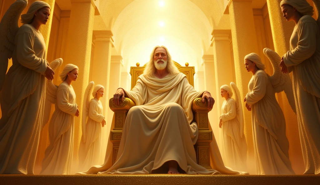 God with his hair as white as snow, his face is pure light, seated on his golden thrown, with Cherubim and Seraphim around him, God is vast, 32K UHD, Style Raw, detailed, masterpiece, realistic, your golden sign written "king of kings , Lord of Lords "
Its resplendent light capable of blinding any vision 
