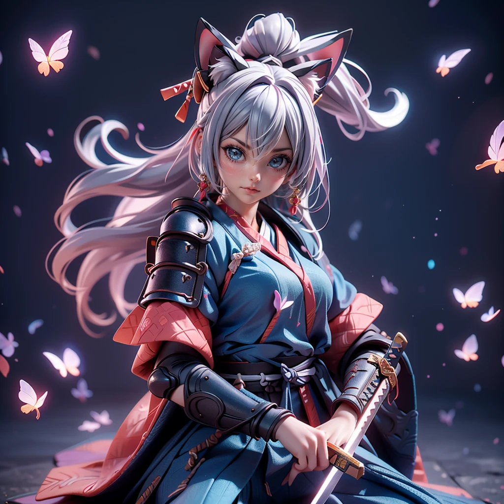 Moisturized Skin, (blue eyes), Realistic body, (Adult female body), Attractive breasts, ((Overlord color supremacy)), Energetic, 3DCG, front, Pink lipstick, (Silver Hair), ((Cat ear)), Beautiful Hair, Long Hair, ponytail, (((Samurai Armor: 1.3))), ((masterpiece + Highest quality + High resolution + Very detailedな)), (whole body: 1.2), Perfect fingers, Perfect limbs, Anatomically correct, Textured skin, Very detailed, Anime with sword and butterfly wings in the sky, Demon Slayer Louis Fan Art, She has a sword, Pulling out the sword, Ayaka Genshin Impact, 