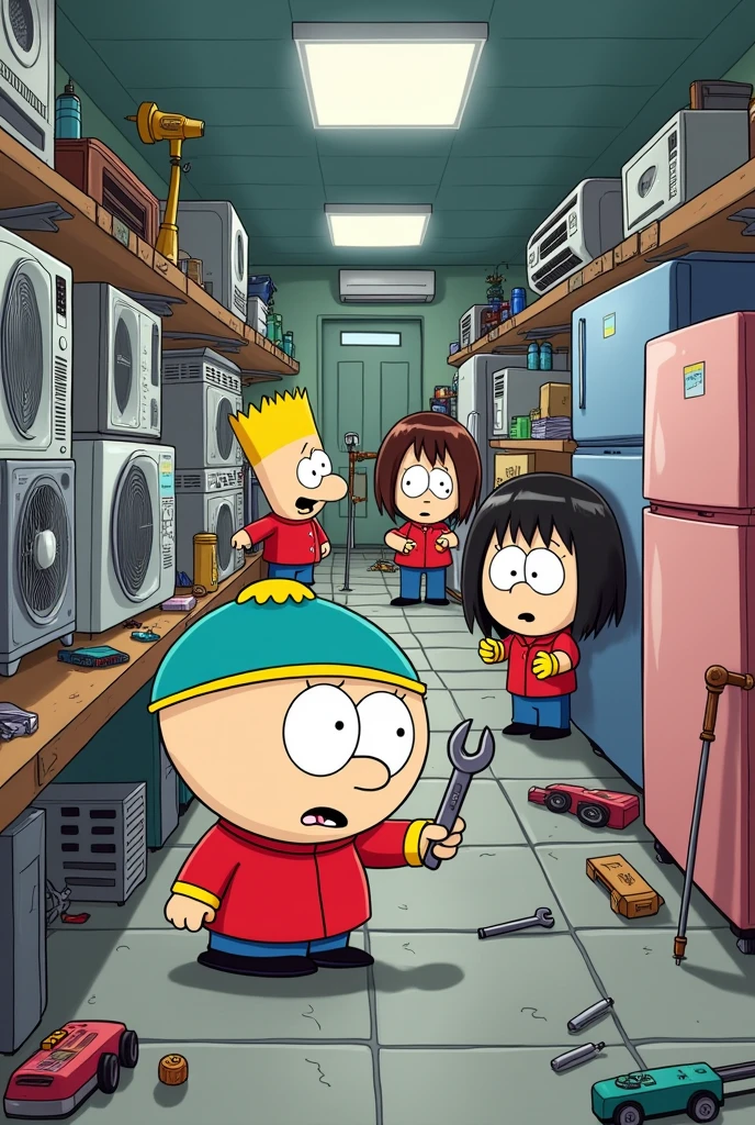 Make a drawing of the South Park series in which the characters are playing with work tools such as polishing wrenches in an air conditioning repair workshop in which there are domestic air conditioners., Refrigerators and work tools on the floor or tables