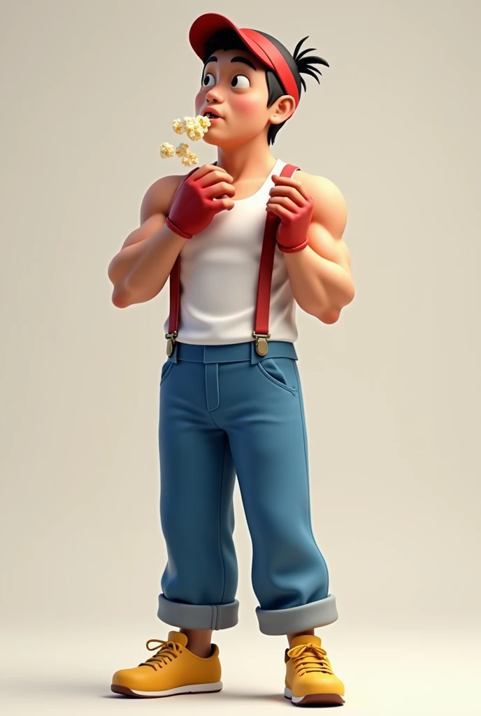 game character with realistic features: asian man dressed: With a white tank top; a pair of blue pants with suspenders; red gloves; yellow shoes and a red visor; he is eating popcorn.