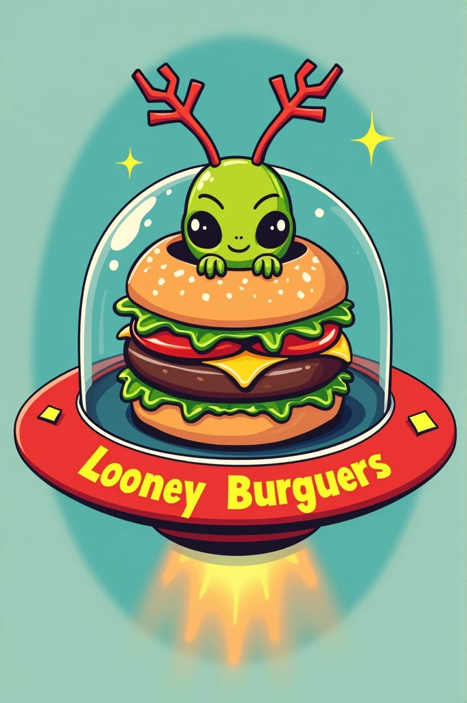 A logo for a hamburgers business called "Looney Burguers". The main element is friendly extraterrestrial being with with skewer antennas . The being is inside an UFO-shaped spaceship that is a hamburger. The text "Looney Burguers" is written on the spaceship. There is not background
