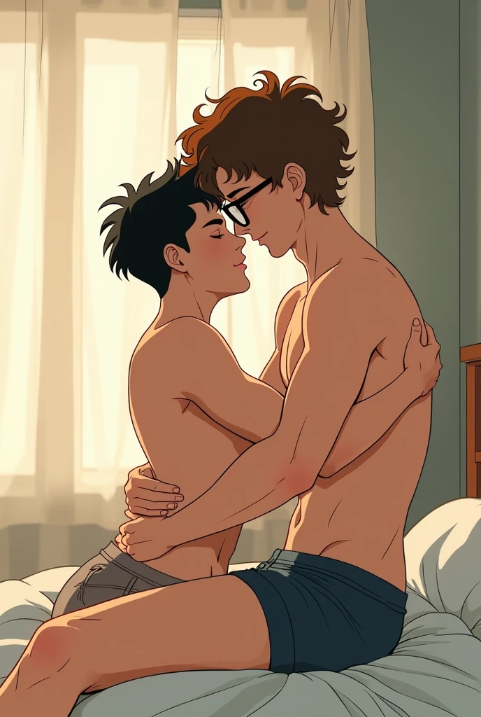 can you create an image anime of a gay couple. the one boy is taller one by couple inch and is a curly brown hair, he have a glasses and he is the other boy is a short one has a black buzz cut, he have a great body and muscular. Make sure the muscle are visible, he looks hot and he looks like a Korean and Filipino mix, he is shorter and smaller than the curly one. . make them sweet to each other and on bed making love and kissing. in the style of studio ghibli