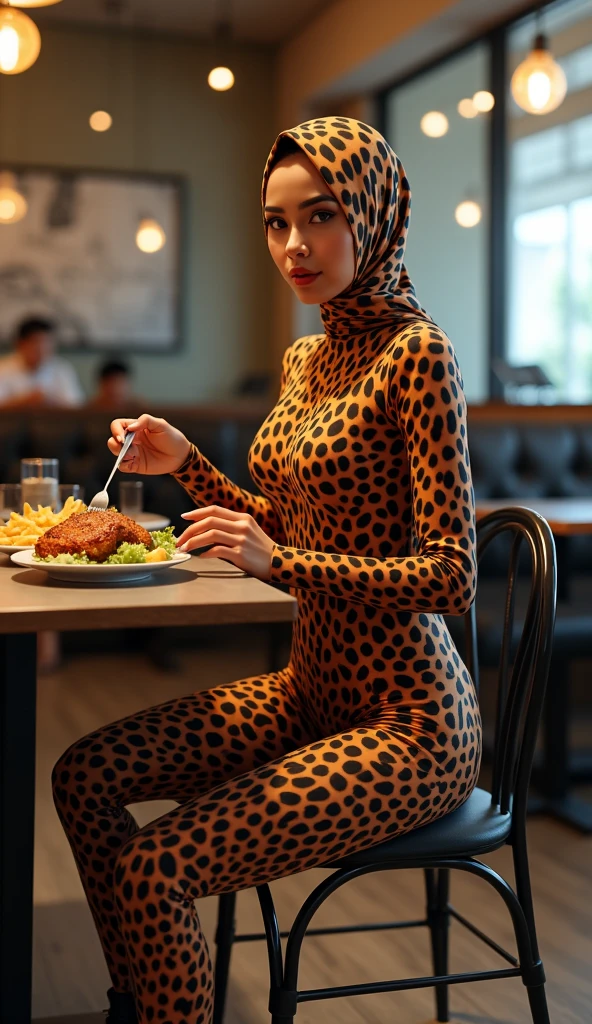 The most beautiful,thin,most pretty and clever Malaysian muslimah adult girl wears ocelot print lycra turtleneck unitard catsuit covered with many spots.She always wear ocelot print lycra dancewear stretchy square hijab covered with many spots.She sits on the metal chair to eat chicken chop with french fries and salad in the restaurant.