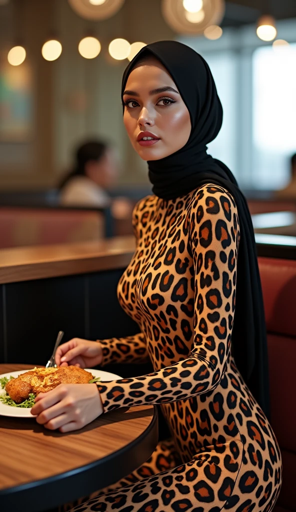 The most beautiful,thin,most pretty and clever Malaysian muslimah adult girl wears ocelot print lycra turtleneck unitard catsuit covered with many spots.She always wear ocelot print lycra dancewear stretchy square hijab covered with many spots.She sits on the metal chair to eat chicken chop with french fries and salad in the restaurant.