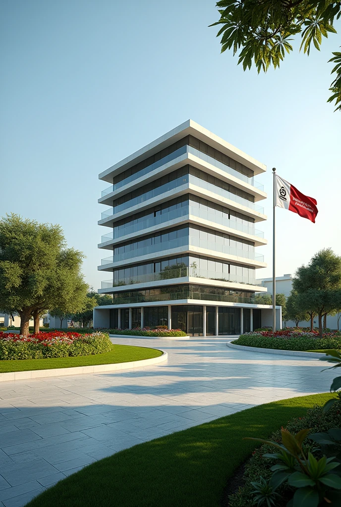 A 4 story building with a modern design and Dubai architecture, compound has a very wide and ling driveway,grass, flowers and trees.A flag on compound written Scott Business Foundation and the company too