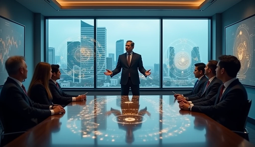 "An insightful meeting room where a financial advisor presents a blend of astrological and economic forecasts to clients. The setting should be professional and forward-looking, emphasizing strategic planning. --ar 16:9"