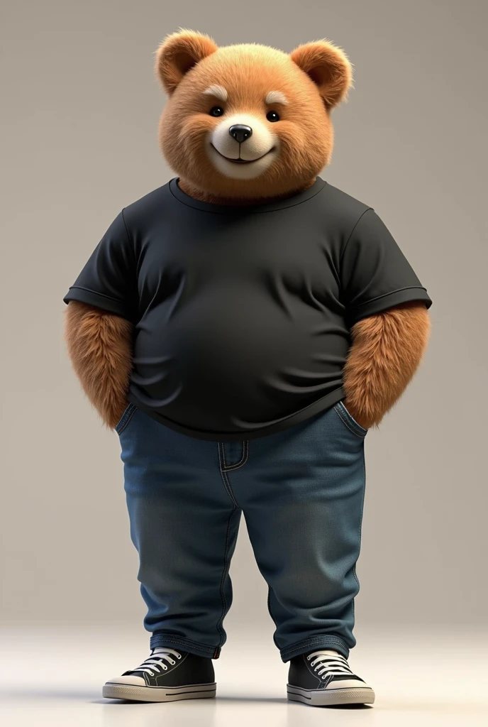 3D illustration of a tall, chubby 5 teddy bear dressed in a black shirt and jeans, black sneakers with white details, nerdy, middle-aged, with a wise face and a beautiful smile, in 4K. The illustration should have an adult, sophisticated style.