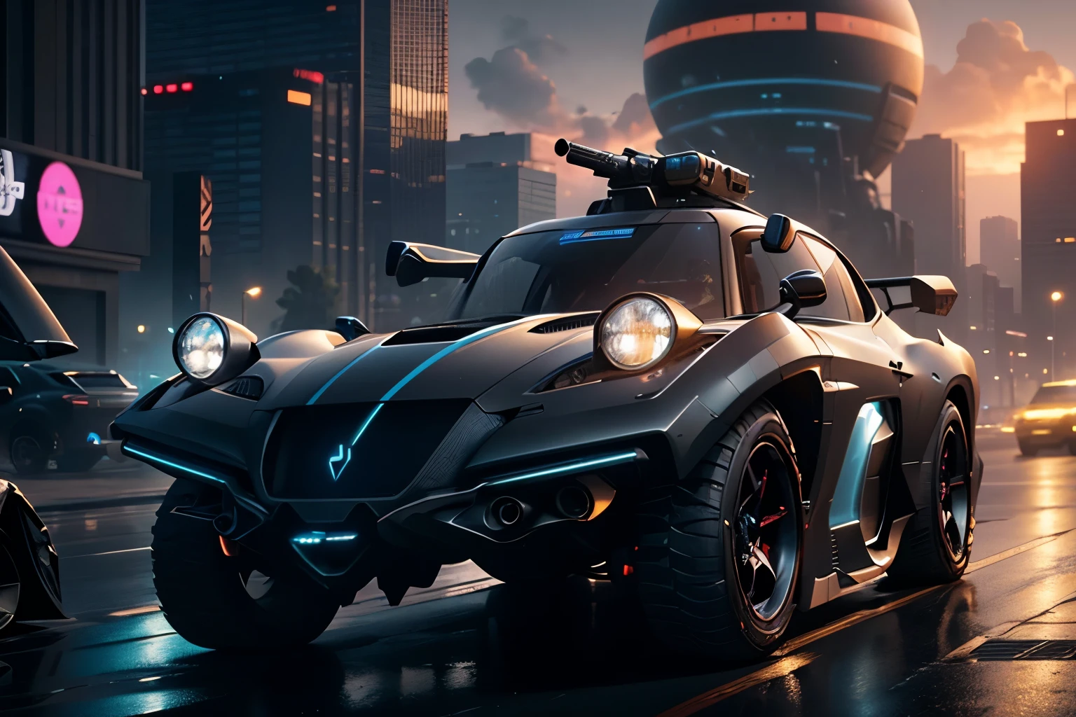 there is a car with a gun on the front of a cyber city at dusk, anime art vehicle concept art, sci-fi car, car concept art, 3 d octane render conceptart, highly realistic concept art, daniel maidman octane rendering, octane. trending on artstation, futuristic cars and mecha robots, neofuturistic highly detailed, 8 k high detail concept art