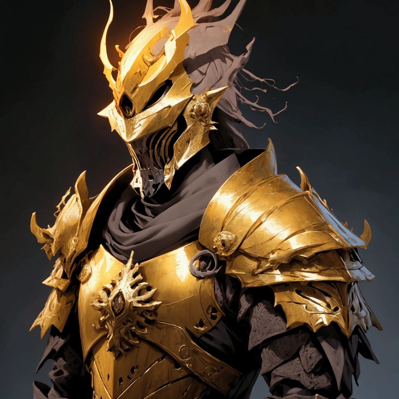 envision a 8k, highres, cinematic close up portrait of a Faceless Knight named Ornstein with a slender body with Grand Golden armor with a dragon slayer helmet against a dark gray background in the style of dark fantasy
