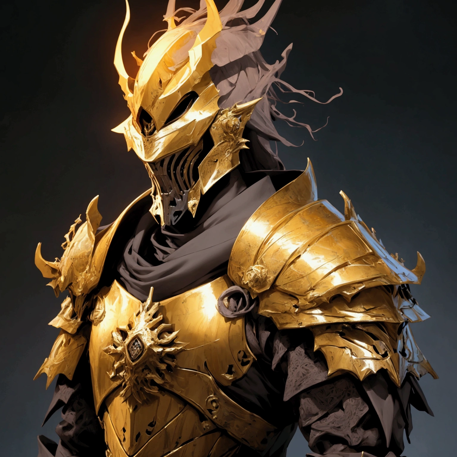 envision a 8k, highres, cinematic close up portrait of a Faceless Knight named Ornstein with a slender body with Grand Golden armor with a dragon slayer helmet against a dark gray background in the style of dark fantasy