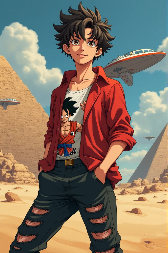 Male boy approximately , with short curly mushroom hair, light brown eyes, with seductive look, with a flirtatious smile, dressed in modern black trousers with ripped legs, type we, With a red shirt with the characters of Meliodas from the anime The 7 Deadly Sins, Also that Goku comes out of Dragon Ball Z, Luffi also comes out of One Piece, with some Nike tennis shoes, white with red, and in the background the pyramids of Egypt and a spaceship above. Let it look real and clear
