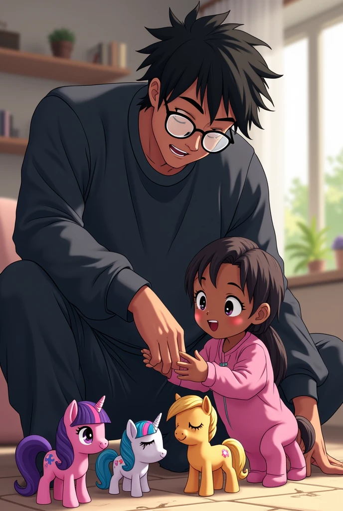 Fassa is an extremely tall and strong teenage man wearing a dark black sweatshirt and sweatpants and round glasses and messy dark hair down to his neck as he is playing with a straight-haired little black girl child with both of them having a lot of fun as they both play with some My Little Pony toys.
((Draw with an anime art style))