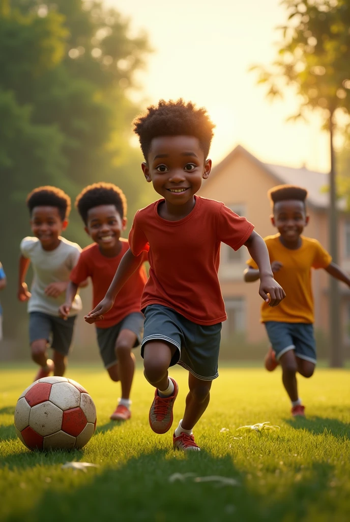 Create for me an image of a black boy playing soccer with his friends, and they're smiling