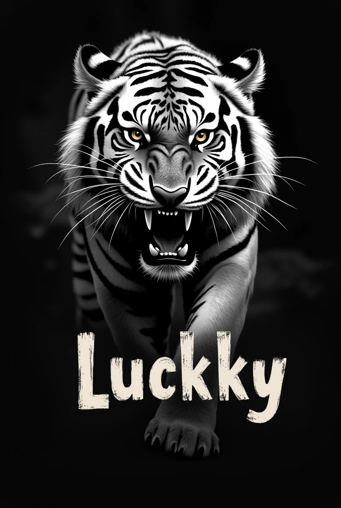 A black and white tiger with a text that says luckky and a black background, It is for a song that the text is normal and with the first letter capitalized and that the tiger is seen roaring.