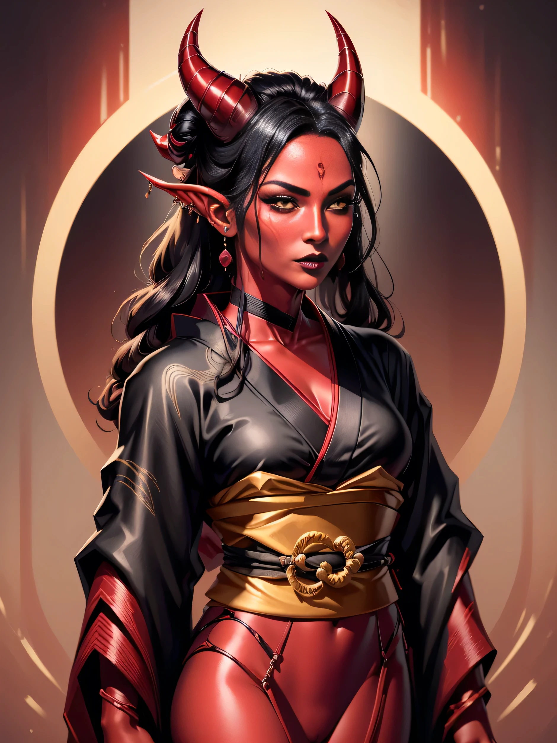 1girl, female, solo, tiefling, ((red skin, red colored skin, deep red skin)), Woman, jewelery, ear piercings, (straight black horns, black oni horns), black hair, long hair, yellow eyes, black lips, choker, goth, horn ornament, armour, ((master piece, best quality)), horns, pointed ears, make-up, black lipstick, (face detailed), face focus, portrait, fully body, (kimono:1.2), wearing black kimono, long flowing kimono, natural breasts, medium breasts, (red skin)