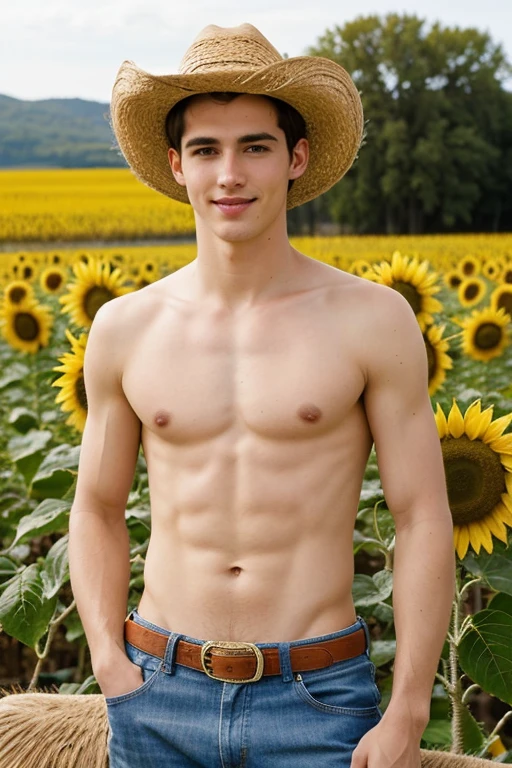 Young handsome cute beautiful skinny white face without shirt con un jirasol en un campo de girasol cowboy con un burro