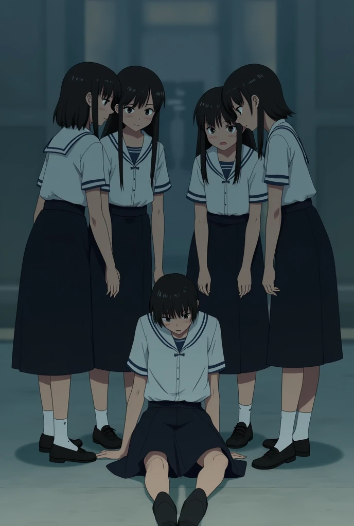 Group of school girls in long black skirts stepping on bloody boy&#39;s head in anime