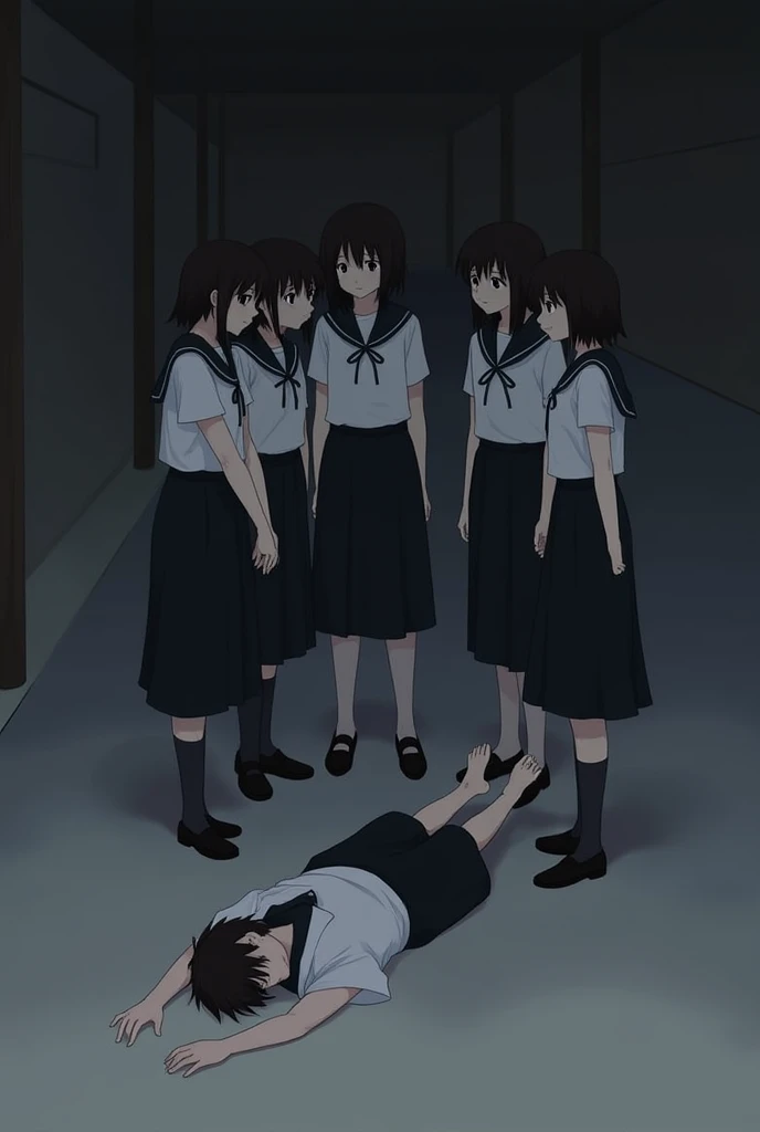 A group of schoolgirls wearing long black skirts、Watching a boy lying on the ground in an anime