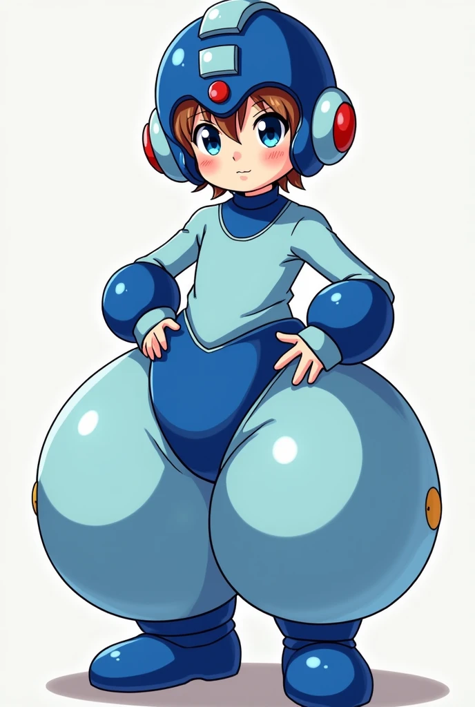 Small boy, around six years old, brown hair, blue eyes, perfect hands, anime style, wearing a Megaman outfit consisting of a light blue leotard, humongous inflatable satin ATS-style 4-yard harem pants, royal blue ankle boots, royal blue large rounded coverings on the lower arms, royal blue Megaman helmet, and a huge inflatable royal blue satin Megaman diaper. His helmet has a raised light blue square in the forehead and a light blue rectangle running straight back from the square, resembling an exclamation mark. His helmet also features round light blue sections with red circles in the center over his ears. The pants are puffy and very round, the diaper is extremely puffy and completely round and completely spherical. High quality.