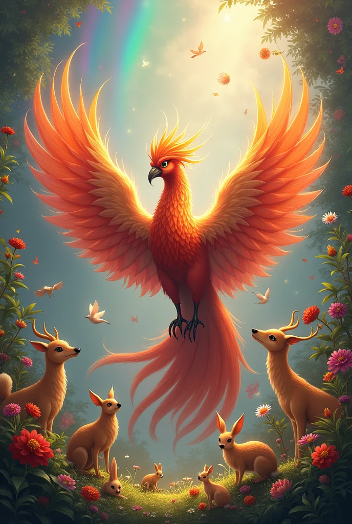 An eastern phoenix in the center of the image with several other animals of different smaller species around in a very colorful setting with rainbows and lights