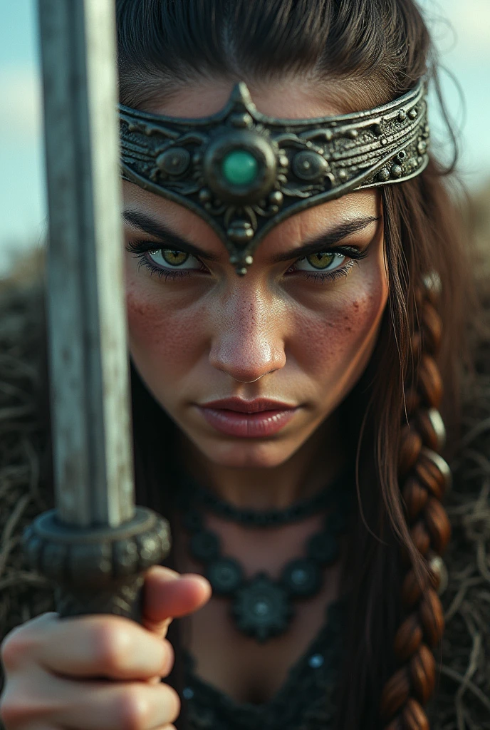 Close up viking warrior with sword in hand, Woman, Green Eye, makeup on face, sword next to the face, large head ornament , necklace on the neck, yelling